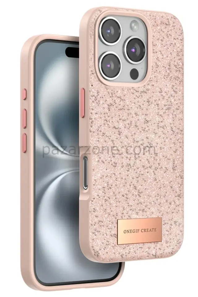 Onegif Apple iPhone 16 Pro Bright Simli Kapak - Pembe