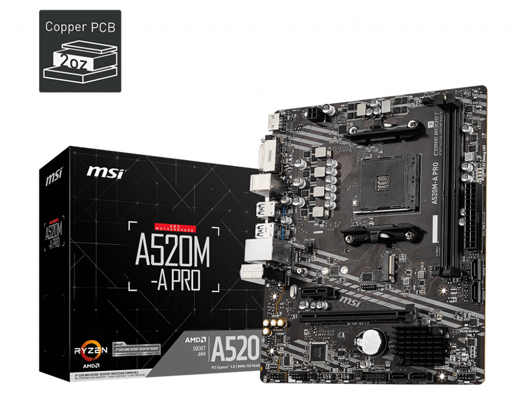 MSI A520M-A PRO DDR4 4600MHZ 1XHDMI 1XDVI 1XM.2 USB 3.2 MATX AM4 (AMD AM4 5000/4000/3000 SERİLERİ İLE UYUMLU)