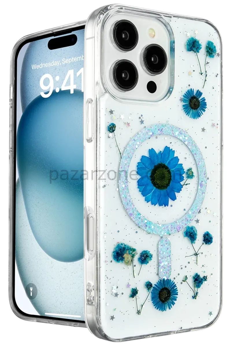 Newface Apple iPhone 16 Pro Max Kılıf Daisy Simli Magsafe Kapak - Mavi