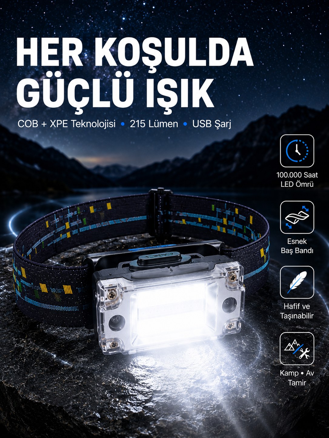 USB Şarjlı Mini LED KAFA Feneri 50m Odak 150m Geniş Aydınlatma Yeni Nesil