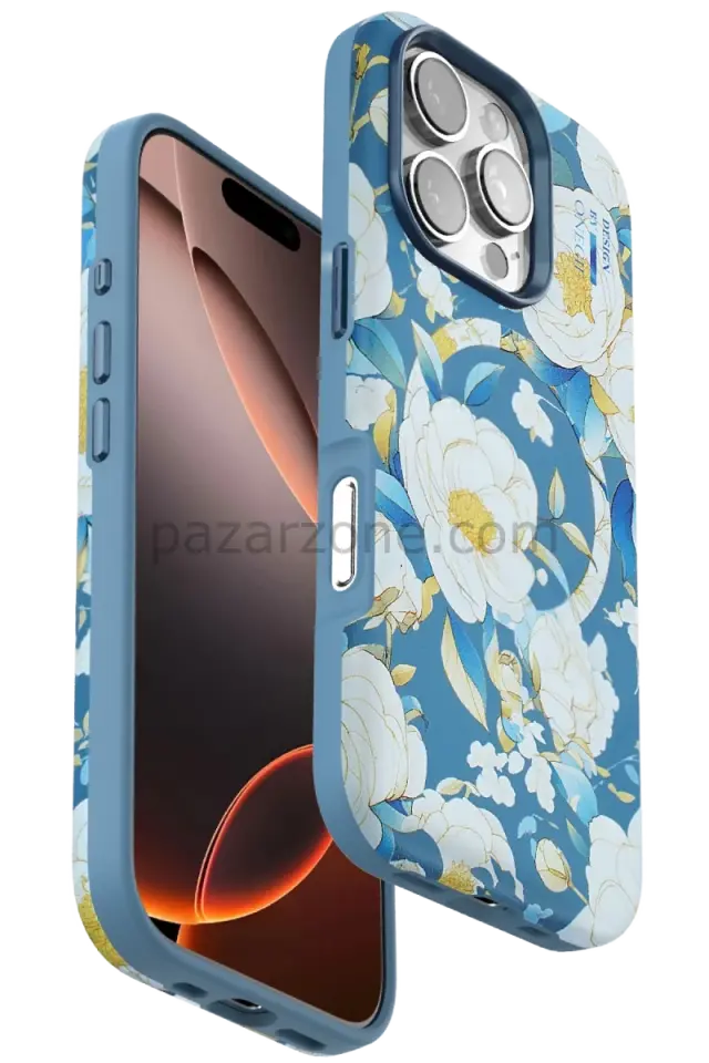 Onegif Apple iPhone 16 Pro Flower Series Magsafe Kapak - Mavi