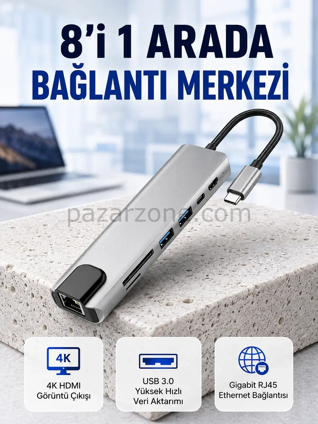 Seyahat Dostu 8‑in‑1 Hub – Şarj & Veri & Video & Ağ için Eksiksiz Çözüm (Kopya)