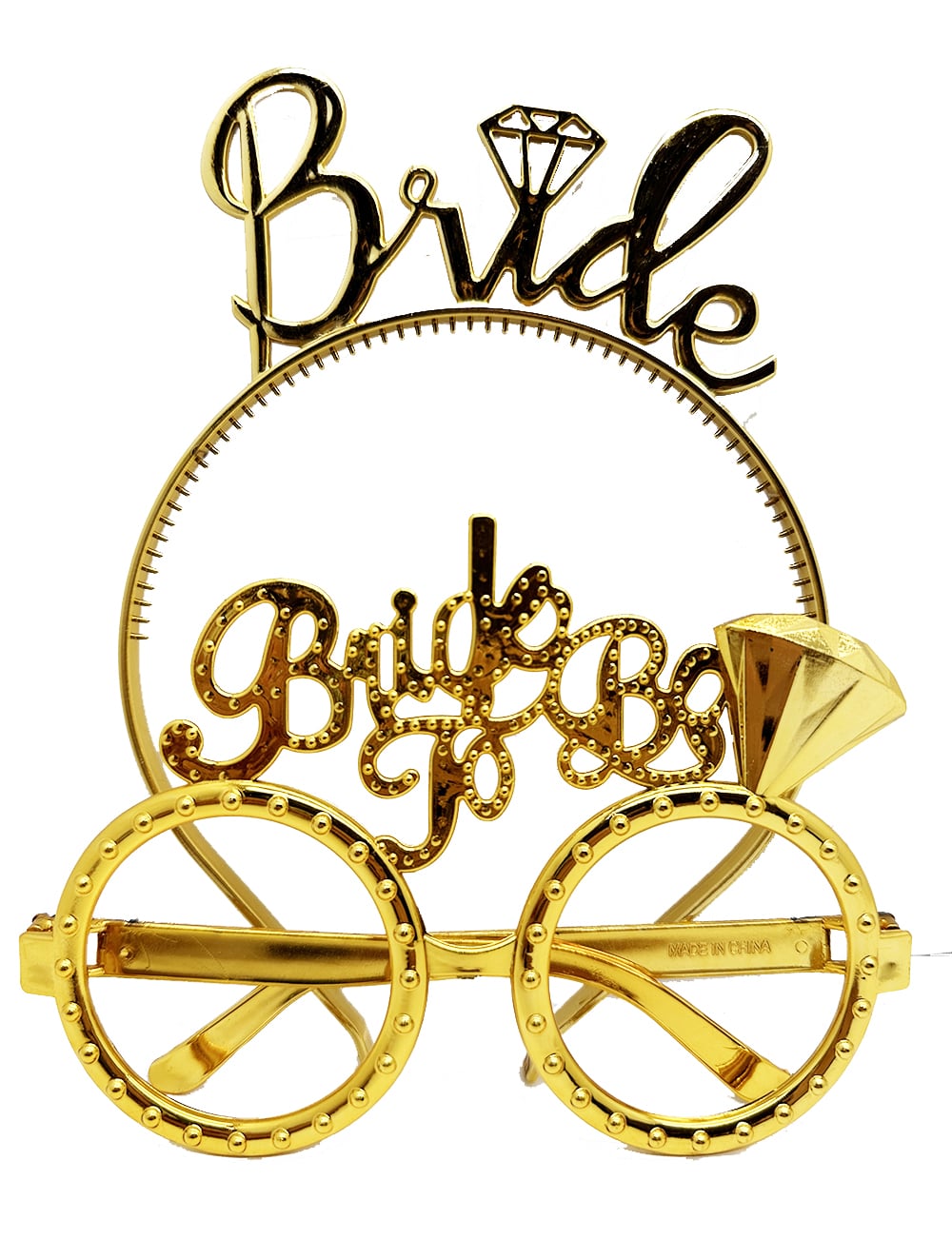 Bride Yazılı Taç ve Bride To Be Yazılı Gözlük Seti - Altın Renk
