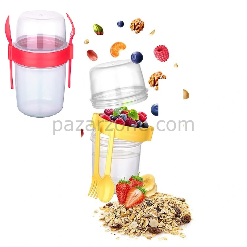Çift Hazneli - Çatal Kaşıklı Portatif Müsli -atıştırmalık Kabı 800 Ml