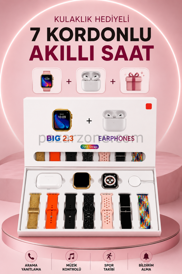 Akıllı Saat Bluetooth Kulaklık Hediyeli Bildirim Görme Sesli Görüşme Çoklu Kordon