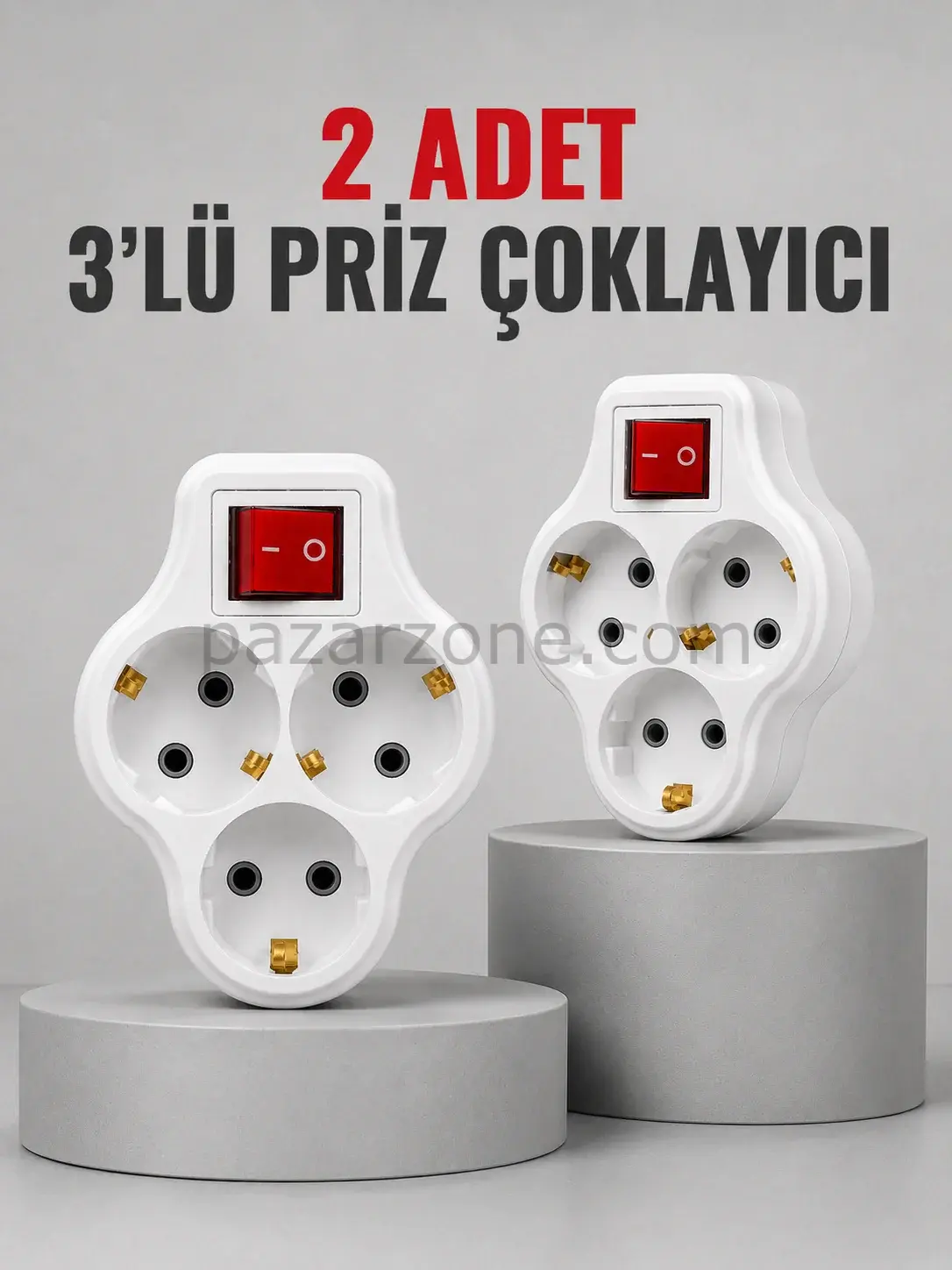 Direkt Duvar Prizine Takılan 3’lü Priz Adaptörü Anahtarlı Priz Çoklayıcı 2 Adet