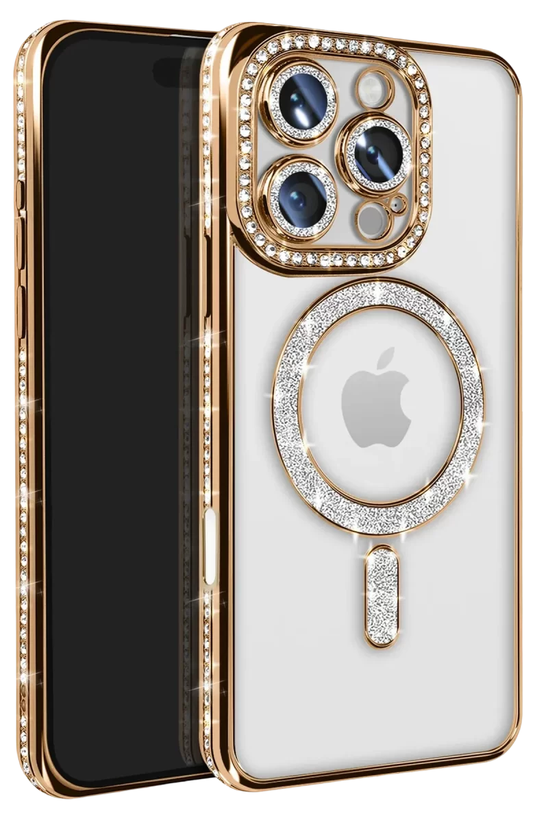 Newface Apple iPhone 16 Pro Max Kılıf Joke Simli Magneticsafe Kılıf - Gold