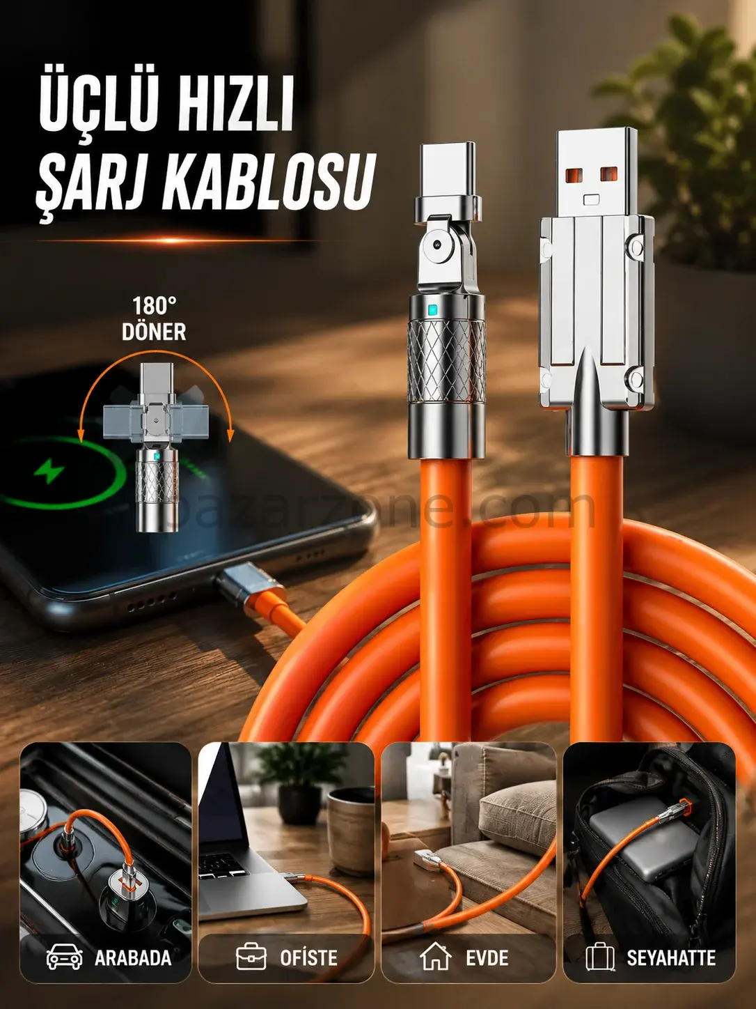 3 İn 1 Süper Hızlı Şarj Kablosu Android ve İOS Uyumlu Silikon Şarj Kablosu