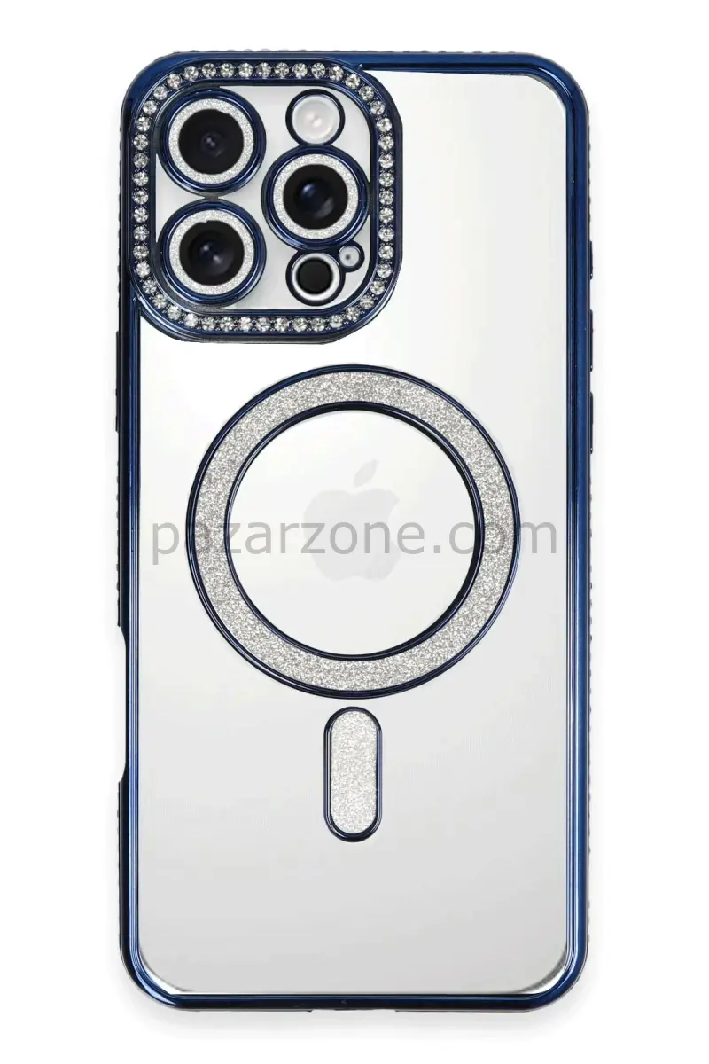 Newface Apple iPhone 16 Pro Max Kılıf Joke Simli Magneticsafe Kılıf - Lacivert