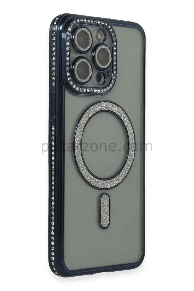 Newface Apple iPhone 15 Pro Kılıf Joke Simli Magneticsafe Kılıf - Lacivert