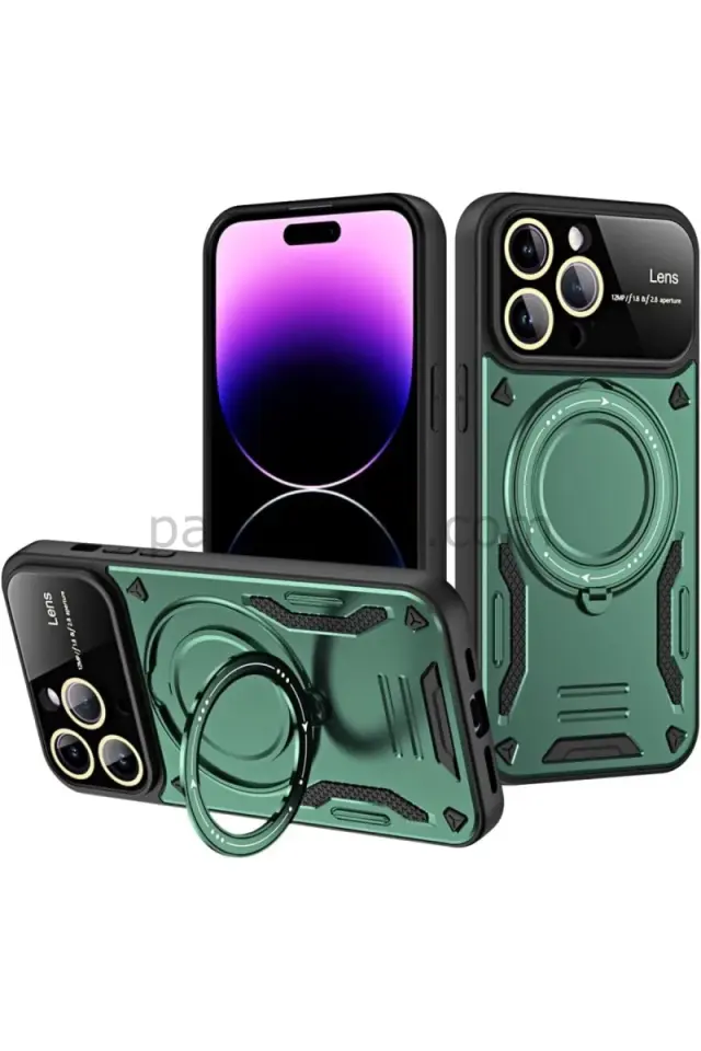 Newface Apple iPhone 16 Pro Max Kılıf Joy Lens Standlı Kapak - Koyu Yeşil