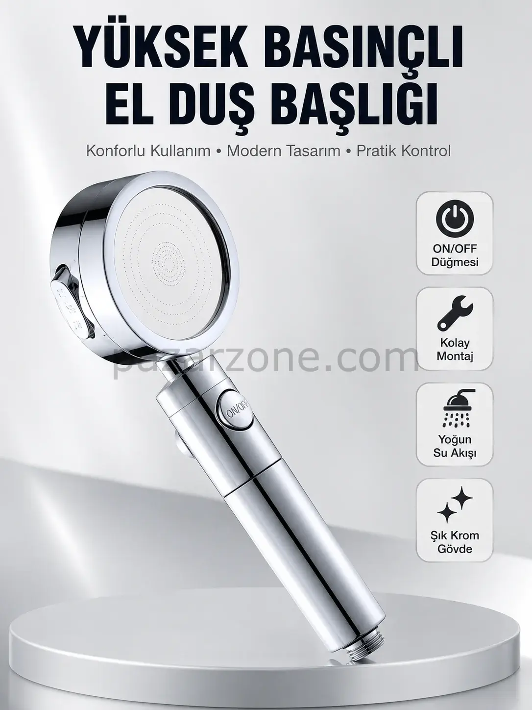 Kolay Montajlı 3 Modlu Yüksek Basınç Duş Başlığı
