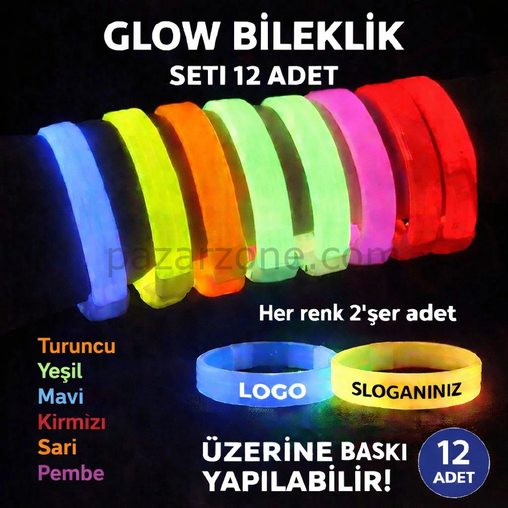 Glow Kalın Bileklik 12’li Set | Baskıya Uygun Renkli Model