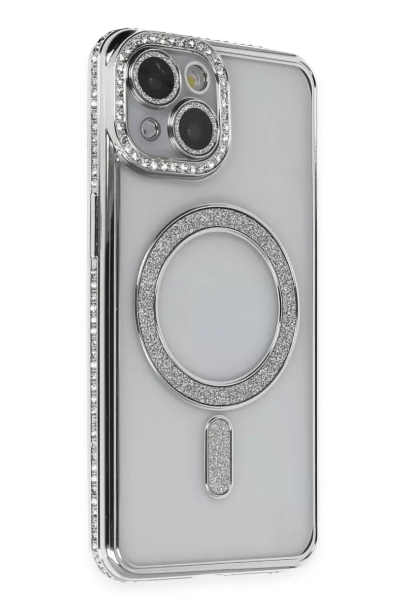 Newface Apple iPhone 13 Kılıf Joke Simli Magneticsafe Kılıf - Gümüş