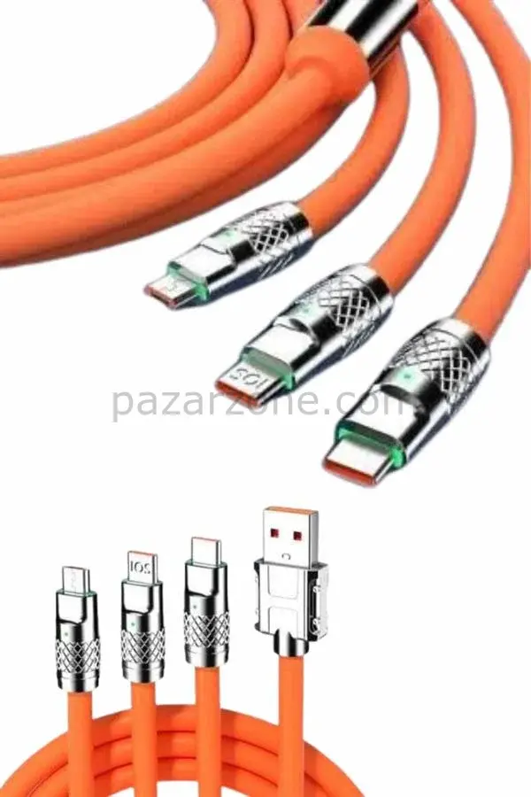 120W Silikon Metal Uçlu LED Işıklı 3 In1 Şarj Kablosu 1.2m