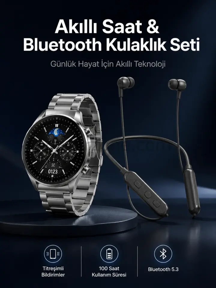 Alarm ve Titreşim Özellikli Akıllı Saat ve Mikrofonlu Kablolu Bluetooth Kulaklık 60 Saat
