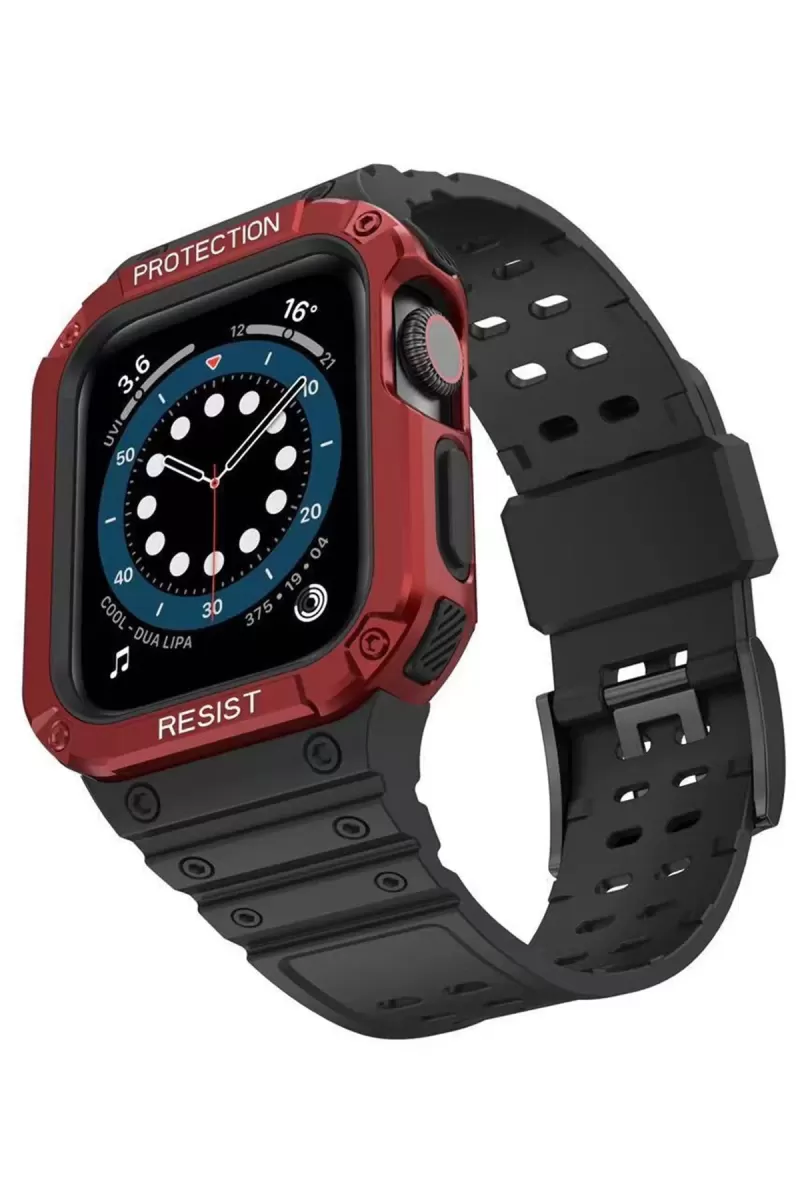 Newface Apple Watch 42mm KR401 Silikon Kordon - Siyah-Kırmızı
