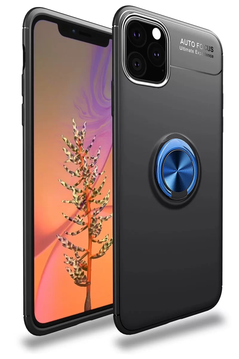 Newface Apple iPhone 11 Pro Kılıf Range Yüzüklü Silikon - Siyah-Mavi