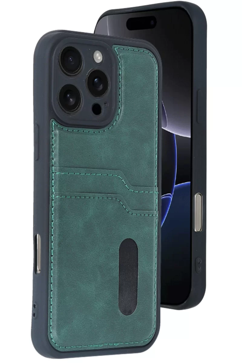 Newface Apple iPhone 16 Pro Max Kılıf Sara Kartvizitli Deri Kılıf - Koyu Yeşil