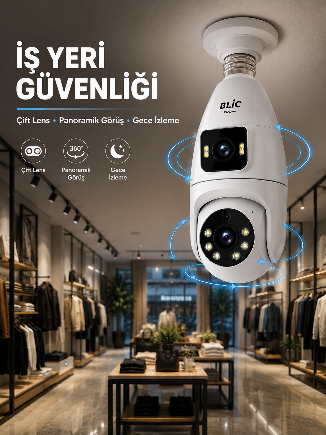Wi-Fi Çift Lens Ampul Kamera Akıllı Ev Güvenliği