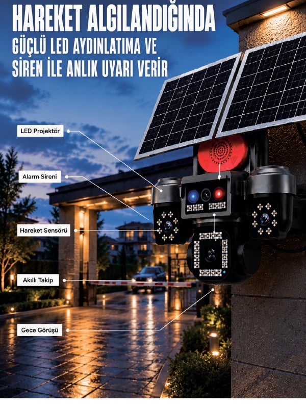 4 Kameralı 4G SIM Kart Destekli Güneş Enerjili Akıllı Güvenlik Kamerası