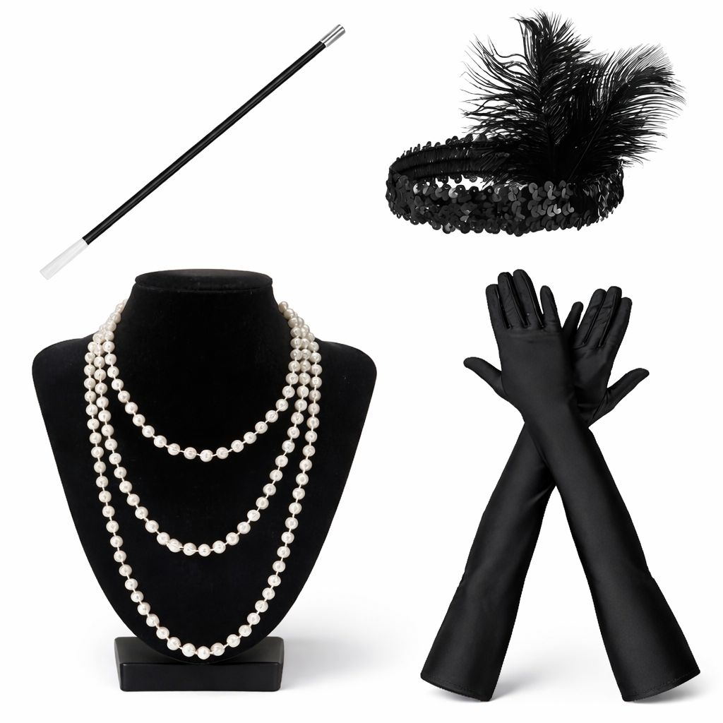 1920’ler Çarliston Aksesuar Seti – İnci Kolye, Eldiven, Sigara Tutucu, Siyah Saç Bandı