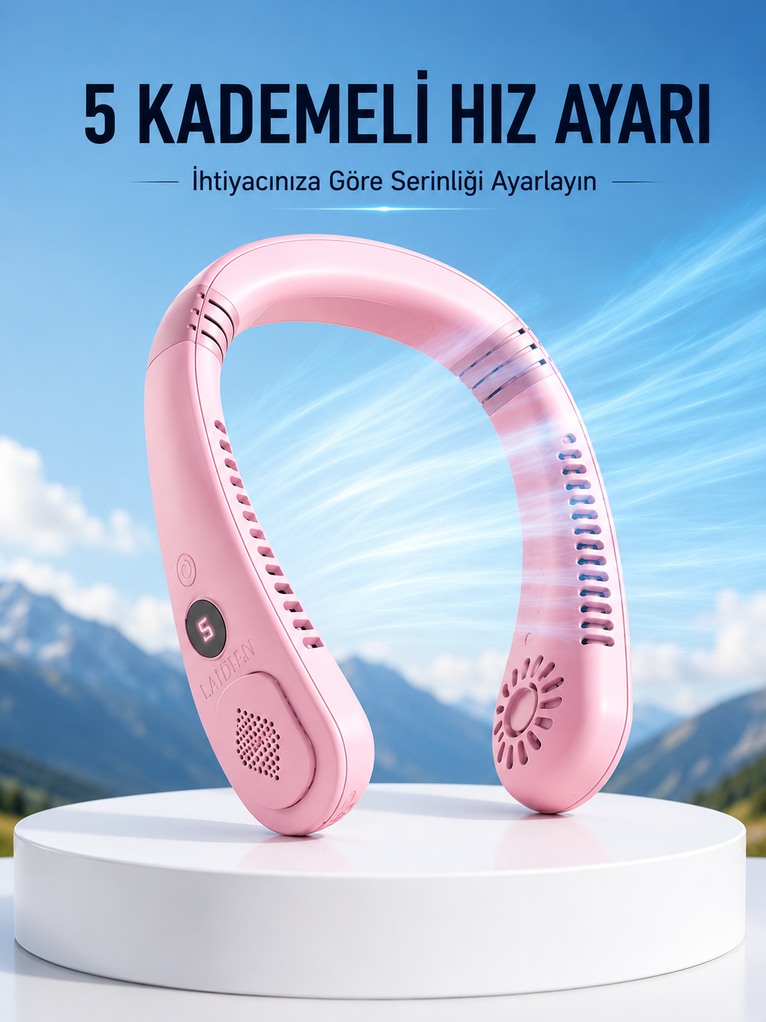 Pembe Taşınabilir Boyun Fanı Ergonomik Tasarım Çok Kademeli Hava Akışı