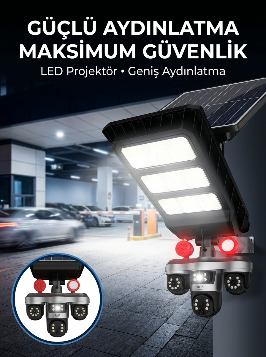 Güneş Enerjili Kablosuz Dış Mekan Güvenlik Kamerası Gece Görüşlü LED Projektörlü