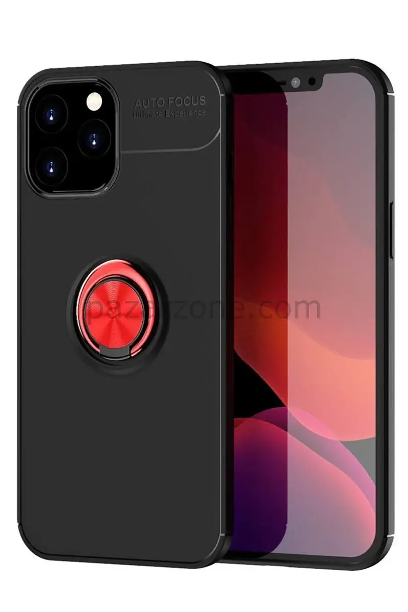 Newface Apple iPhone 12 Pro Max Kılıf Range Yüzüklü Silikon - Siyah-Kırmızı