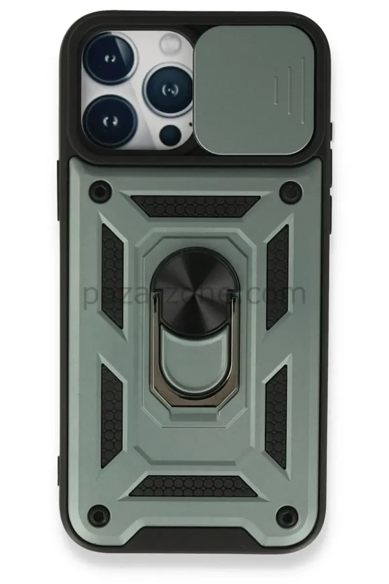 Newface Apple iPhone 15 Pro Kılıf Pars Lens Yüzüklü Silikon - Yeşil