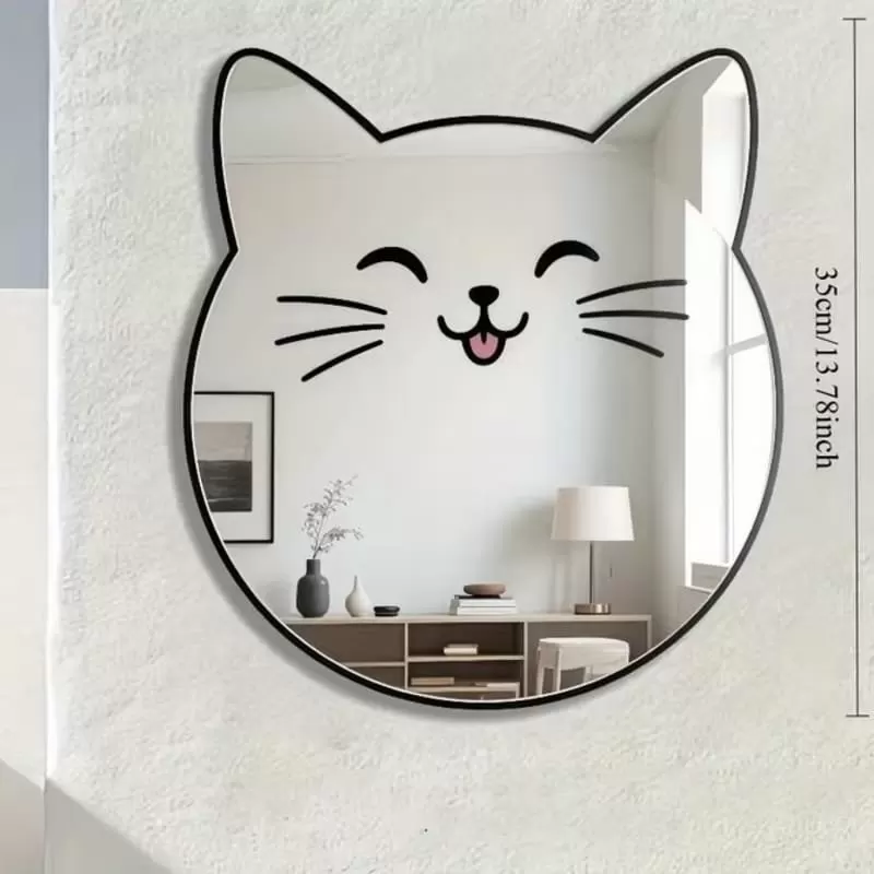 Kırılmaz Pleksi Gülen Kedi Duvar Aynası - 35x35 cm Çocuk ve Bebek Odası Dekoratif Ayna