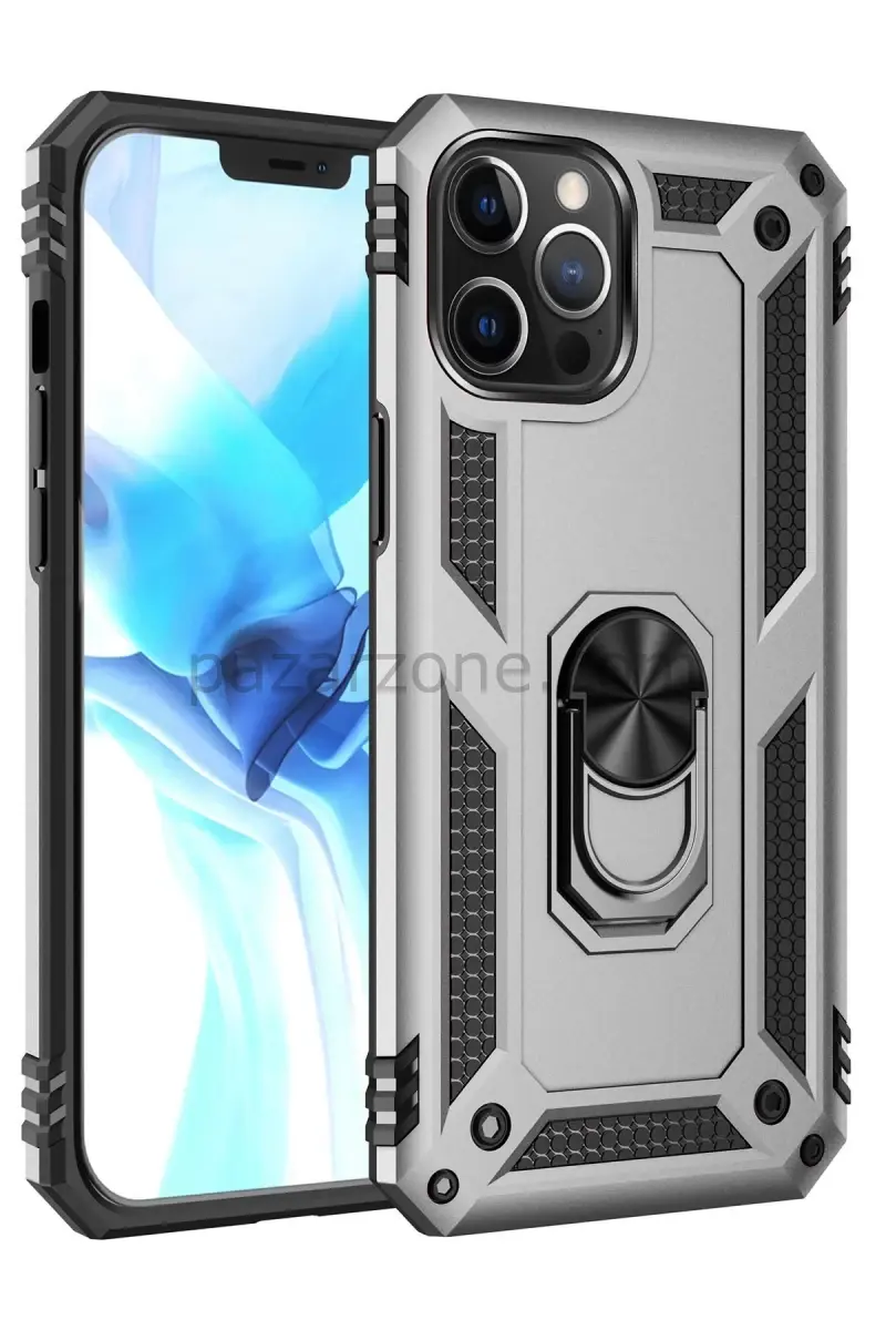 Newface Apple iPhone 12 Pro Max Kılıf Sofya Yüzüklü Silikon Kapak - Gümüş