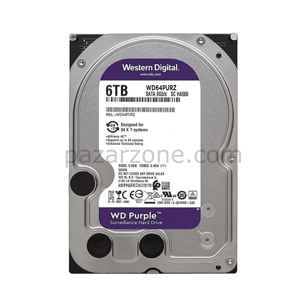 WD PURPLE, WD64PURZ, 3.5", 6TB, 256Mb, 5400 Rpm, 7/24 Güvenlik, HDD (Türkiye Distribütörü Garantili)