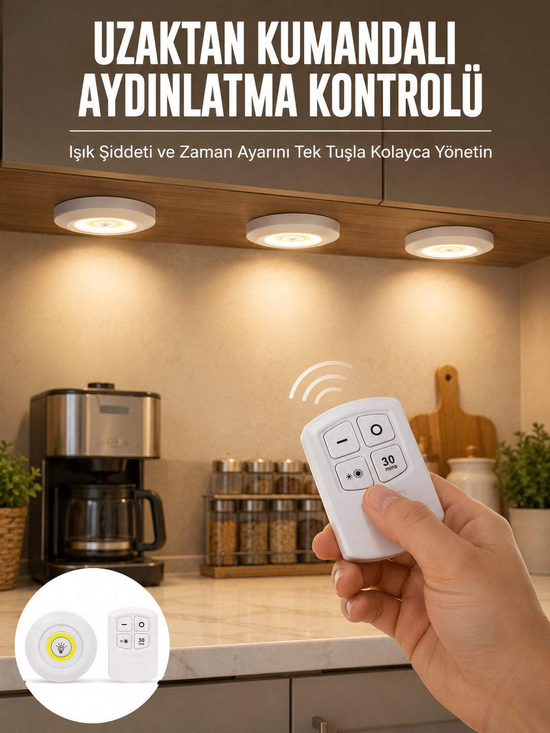 Spot Lamba Led Işık 3'lü Uzaktan Kumandalı Pilli Yapışkanlı Kablosuz Yeni Nesil