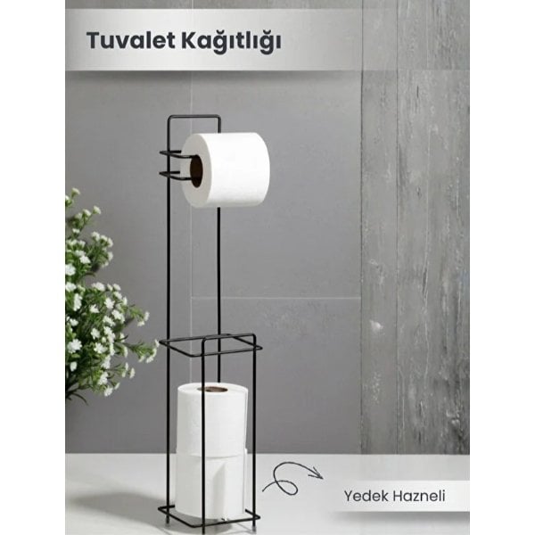 Siyah Standlı Yedek Hazneli Tuvalet Kağıtlığı
