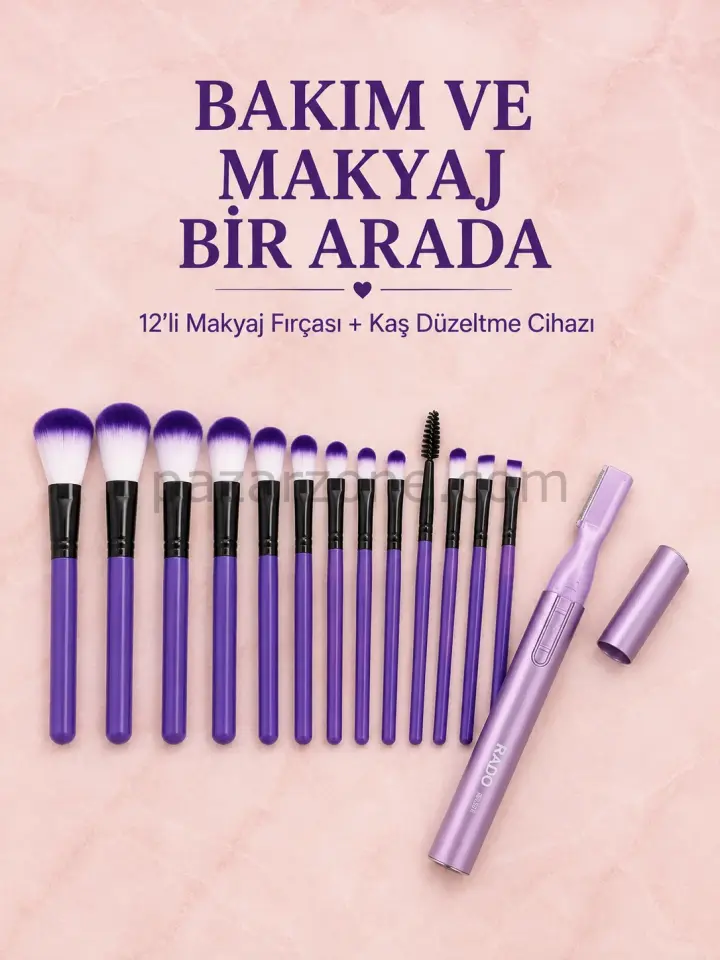 12’li Mor Makyaj Fırça Seti ve Kaş Düzeltme Cihazı Kadın Makyaj ve Kişisel Bakım Seti