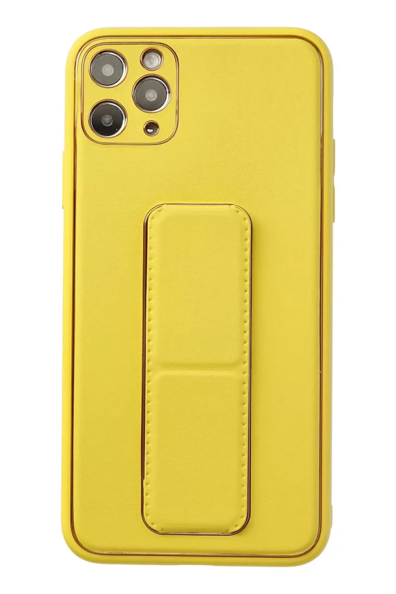 Newface Apple iPhone 11 Pro Max Kılıf Coco Deri Standlı Kapak - Sarı