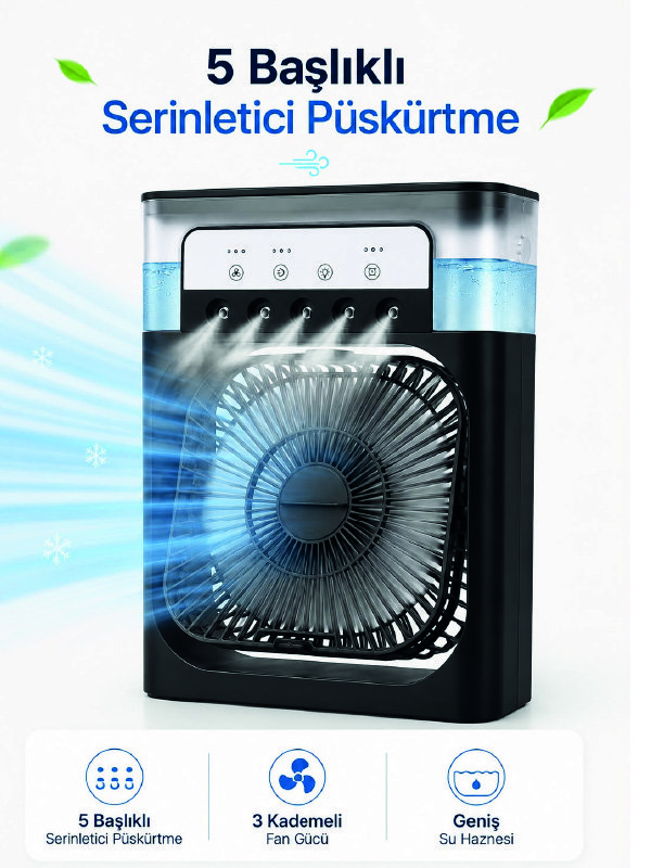 Püskürtmeli Masaüstü Fan 5 Başlıklı Serinletici, 600 ml Su Haznesi, 3 Kademe Fan, Type-C Bağlantı