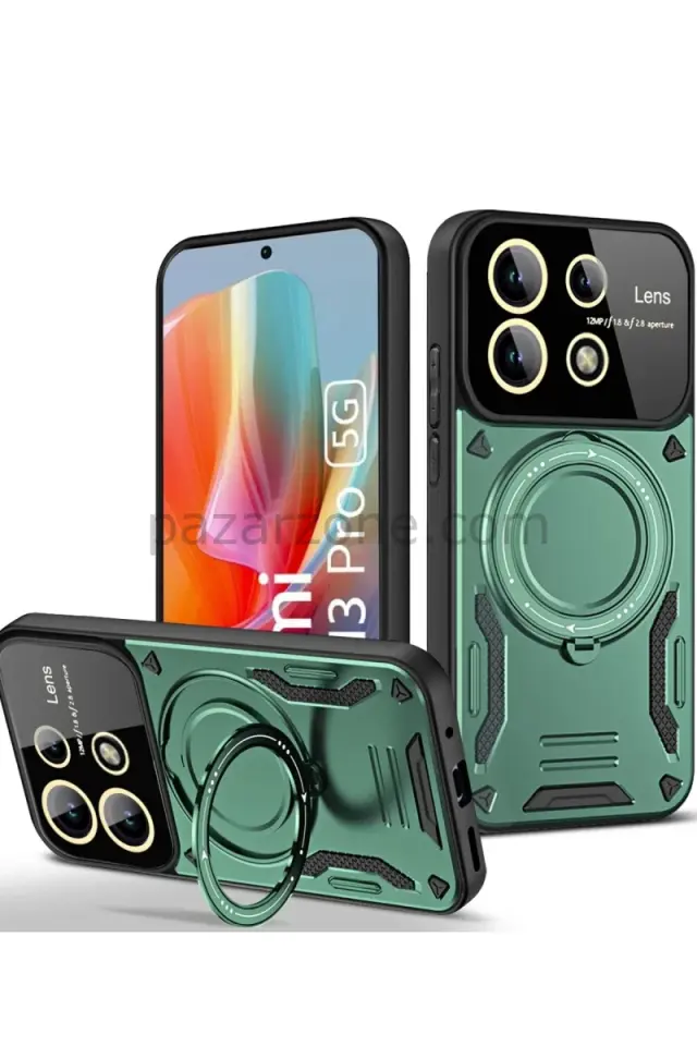 Newface Xiaomi Redmi Note 13 Pro 4G Kılıf Joy Lens Standlı Kapak - Koyu Yeşil