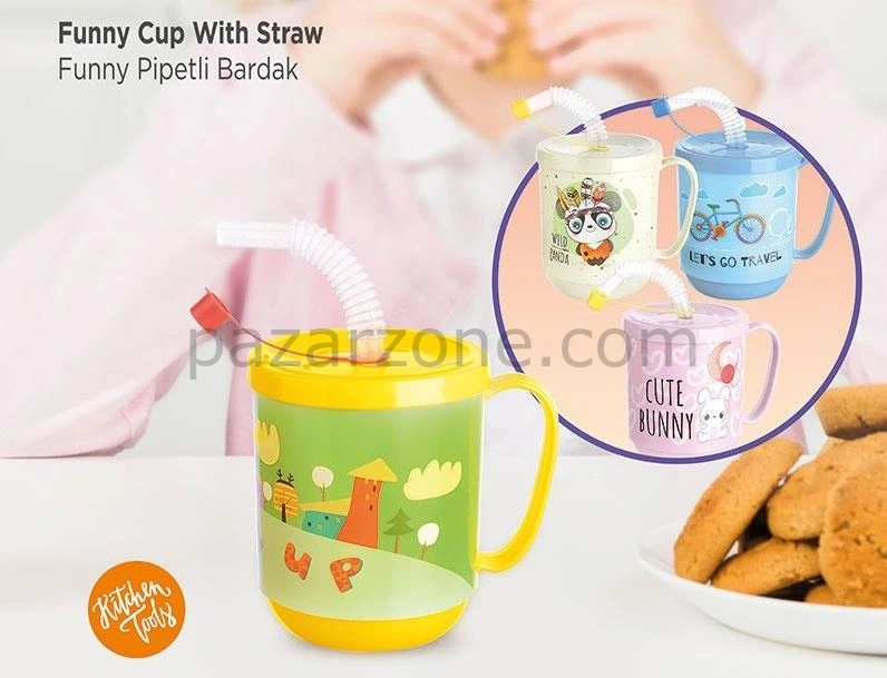Funny Pipetli Çocuk Içecek Bardağı Desenli Bardak 350ml