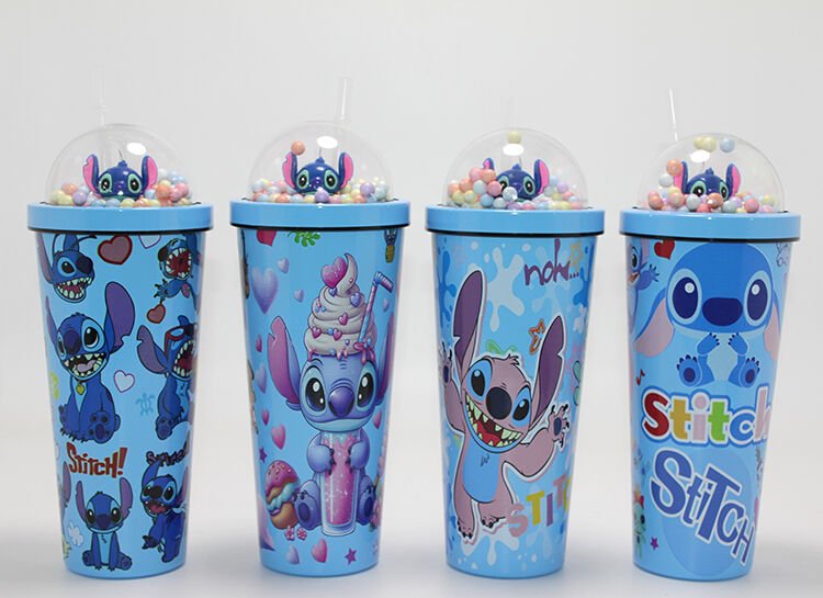 Sevimli Stitch Pipetli Boncuklu Termos Ve Suluk