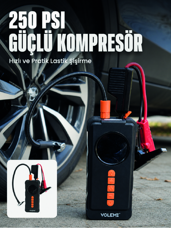 Dijital Araç Kompresörü 4 Fonksiyonlu Akü Takviye Lastik Şişirme Powerbank ve LED El Feneri