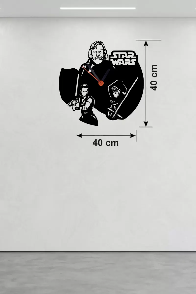 Star Wars Temalı Ahşap Duvar Saati - 40x40 cm Lazer Kesim Dekoratif