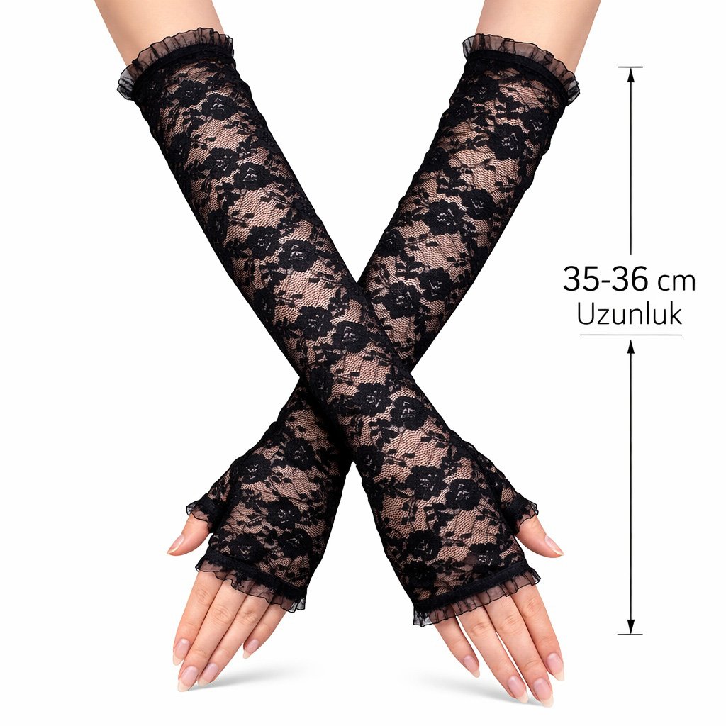 Uzun Zarif Dantel Eldiven Parmaksız Siyah