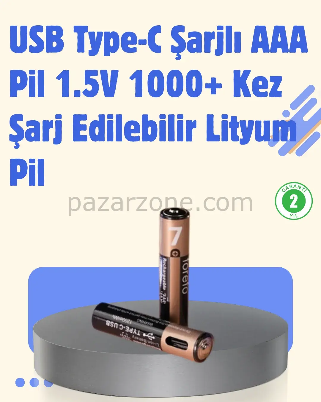 USB Type-C Şarjlı AAA Lityum Pil 1000+ Şarj Döngüsü ile Uzun Ömür