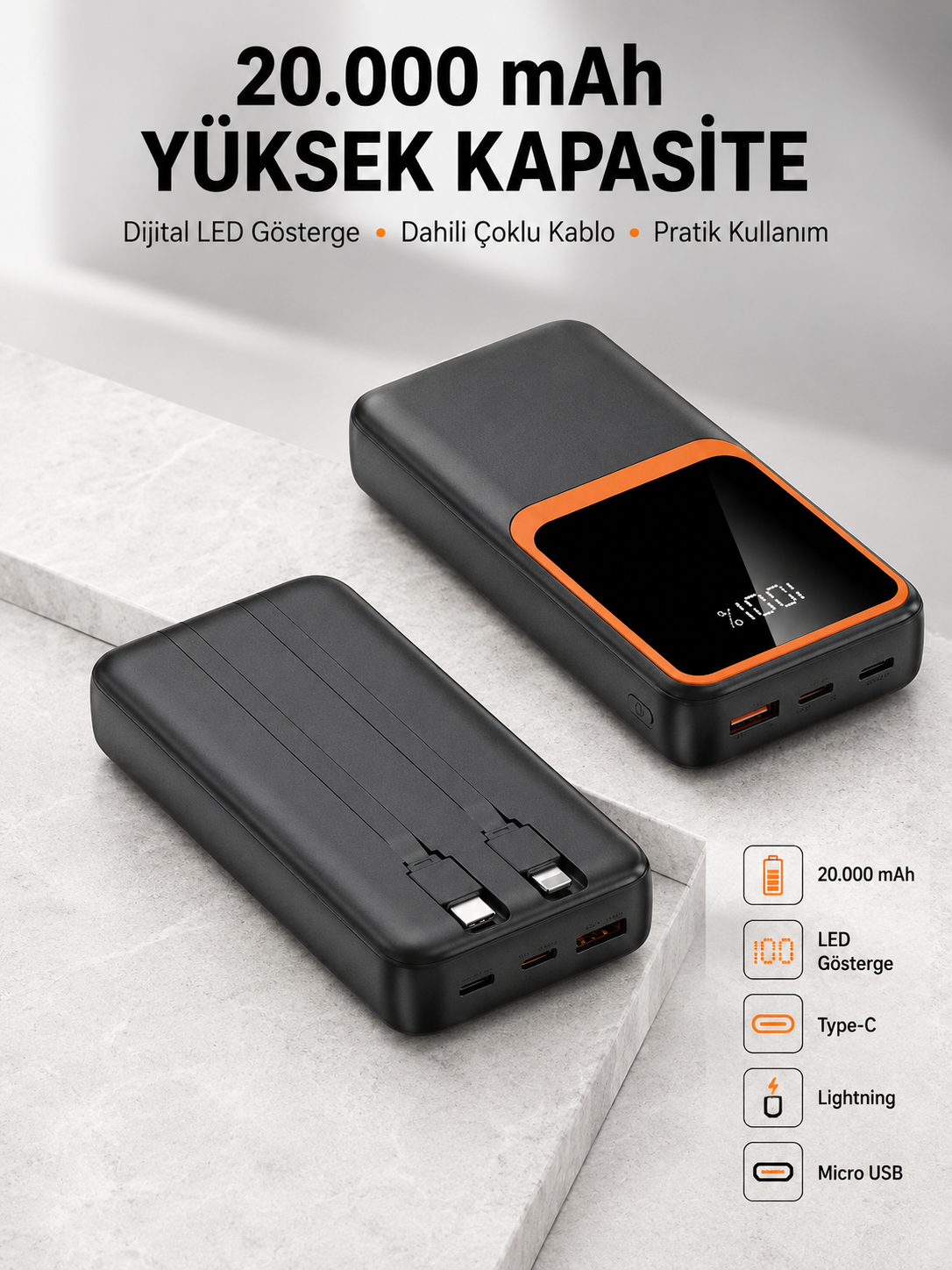 Dijital Ekranlı 20.000 mAh Powerbank | 22.5W Hızlı Şarj + Çoklu Bağlantı Seçeneği Yeni Nesil
