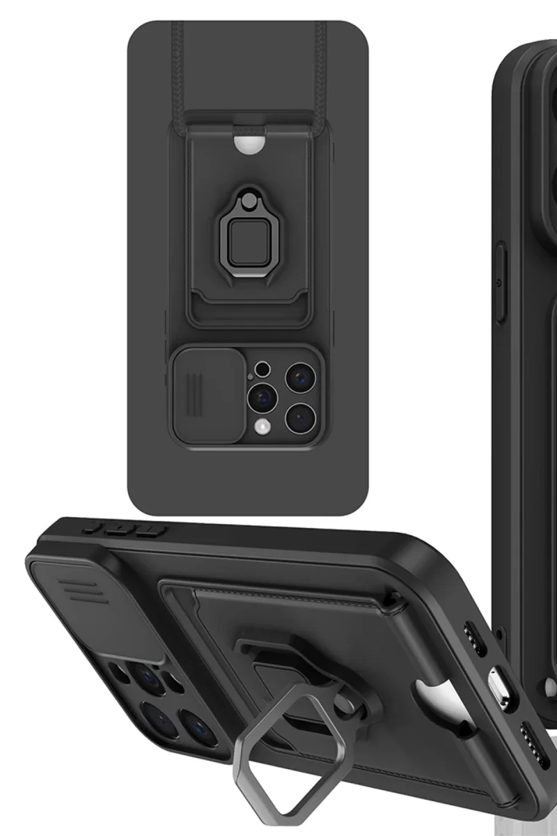 Newface Apple iPhone 15 Pro Kılıf Zuma Kartvizitli Yüzüklü Silikon - Siyah