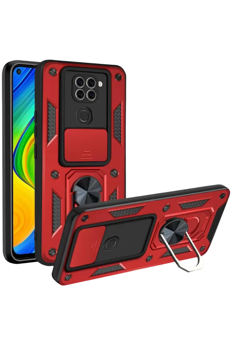 Newface Xiaomi Redmi Note 9 4G Kılıf Pars Lens Yüzüklü Silikon - Kırmızı