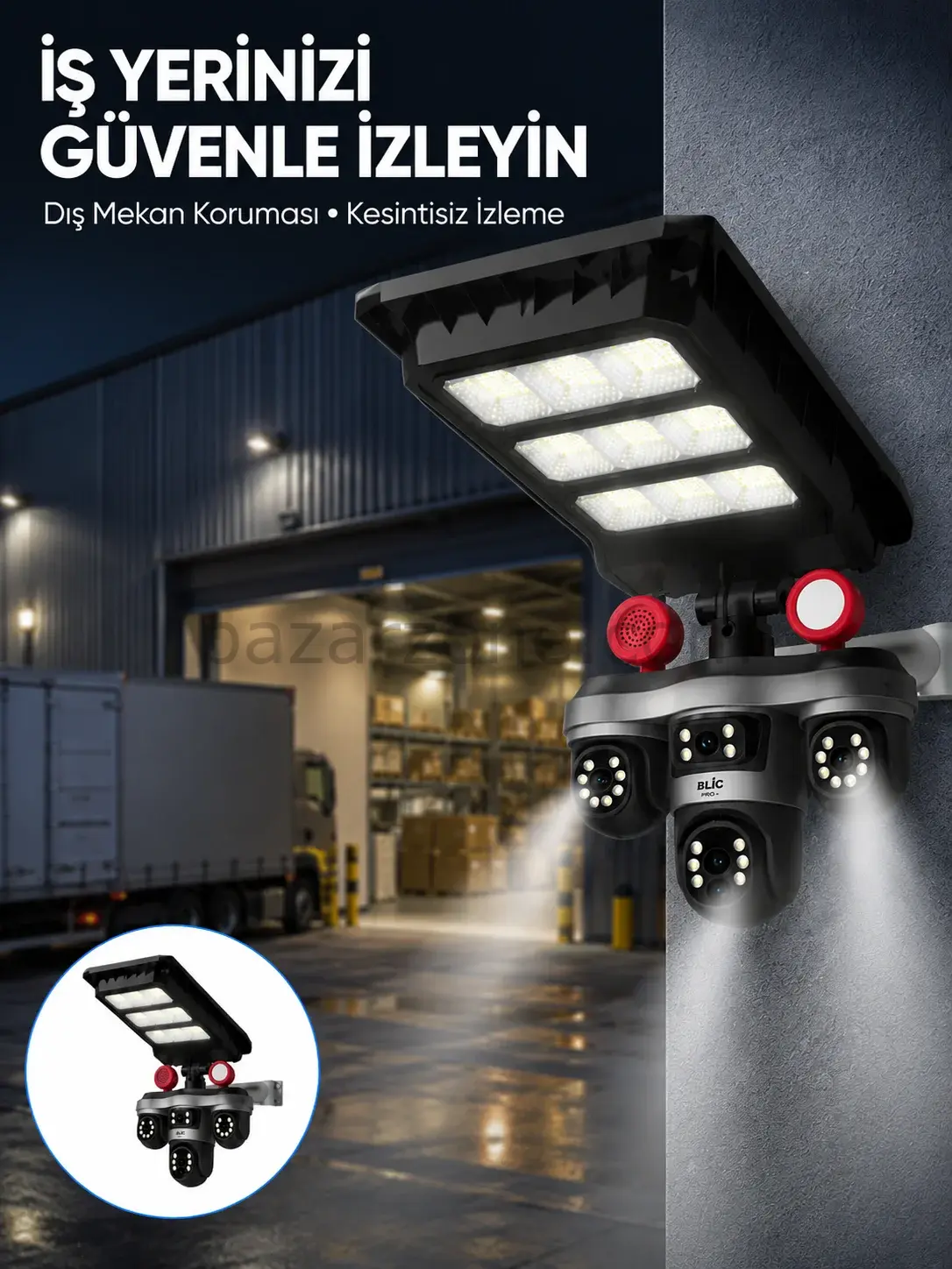 Solar Panelli 3 Lens Dış Mekan Güvenlik Kamerası Hareket Algılamalı LED Aydınlatmalı
