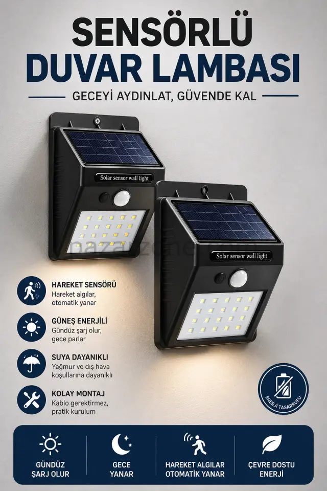 Solar Sensörlü Duvar Lambası Bahçe Lamba 20 Led Işık